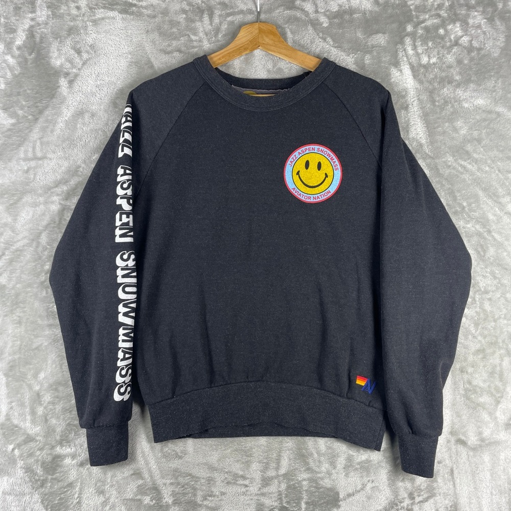 Aviator Nation Sweatshirt Men XS Black Jazz Aspen Snowmass Smiley Graphic Raglan